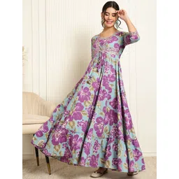 Sangria Floral Printed Pure Cotton V-Neck Maxi Gown Ethnic Dress-picture-16
