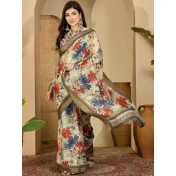 Sangria Floral Printed Saree With Unstiched Blouse Piece-picture-42