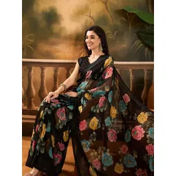 Sangria Floral Printed Saree With Unstitched Blouse-picture-32
