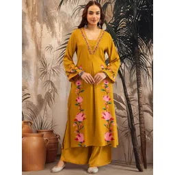 Sangria Floral Printed Square Neck Sequinned Straight Kurta With Palazzos-picture-11