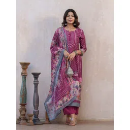 Sangria Floral Printed Straight Kurta With Trousers And Dupatta-picture-26