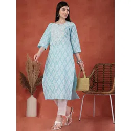 Sangria Floral Printed Thread Work Notch Neck Pure Cotton Straight Kurta-picture-13