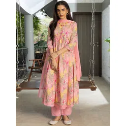 Sangria Floral Printed Thread Work Pure Cotton A-Line Kurta With Trouser & Dupatta-picture-19