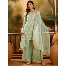 Sangria Floral Printed V Neck Thread Work Straight Kurta With Sharara & Dupatta-picture-34