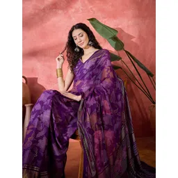Sangria Floral Printed With Zari Border Saree With Unstitched Blouse-picture-29