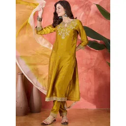 Sangria Floral Yoke Deisgn Keyhole Neck Zari Straight Kurta & Trousers With Dupatta-picture-24