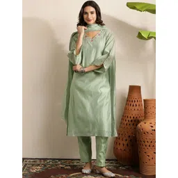 Sangria Floral Yoke Design Beads And Stones Chanderi Cotton Kurta With Trousers & Dupatta-picture-25