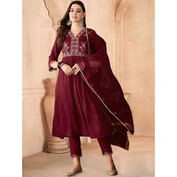 Sangria Floral Yoke Design Empire V-Neck Sequinned Anarkali Kurta With Trouser And Dupatta-picture-18