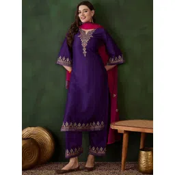 Sangria Floral Yoke Design Notch Neck Sequinned Straight Kurta With Trousers & Dupatta-picture-29