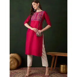 Sangria Floral Yoke Design Notch Neck Thread Work Straight Kurta-picture-32