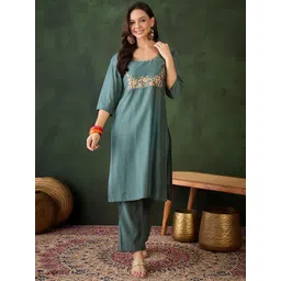 Sangria Floral Yoke Design Round Neck Sequinned Straight Kurta With Trousers-picture-11