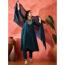 Sangria Floral Yoke Design Sequinned Chinon Silk Anarkali Kurta With Trousers And Dupatta-picture-37