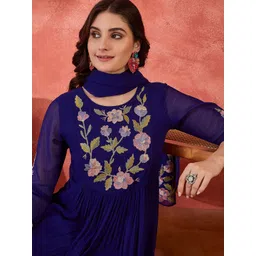 Sangria Floral Yoke Design Straight A-Line With Trouser And Dupatta-picture-19