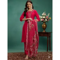 Sangria Floral Yoke Design Thread Work Straight Kurta With Trouser & Dupatta-picture-36