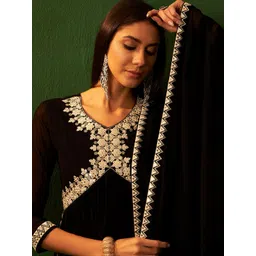 Sangria Floral Yoke Embroidered Mirror Work Empire Straight Kurta & Trousers With Dupatta-picture-17