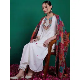 Sangria Floral Yoke Embroidered Straight Kurta & Trousers With Dupatta-picture-10