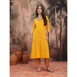 Sangria Geometric Embroidered Pure Cotton Sequinned Detail V-Neck Straight Kurta image 4