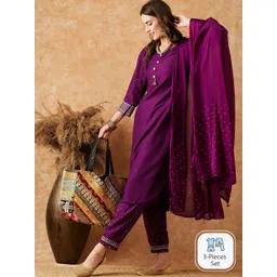 Sangria Geometric Printed Puff Sleeves Straight Kurta With Trouser & Dupatta-picture-13