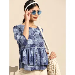 Sangria Geometric Printed Ruffles Peplum Top-picture-33