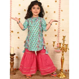 Sangria Girls Blue & Pink Ethnic Motif Printed Gota Patti Pure Cotton Kurti With Sharara-picture-10