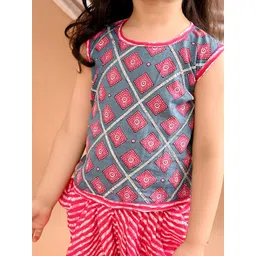 Sangria Girls Blue & Pink Printed Pure Cotton Top With Dhoti Set image 2