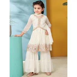 Sangria Girls Embroidered Georgette V-Neck Anarkali Kurti With Sharara & Dupatta-picture-37