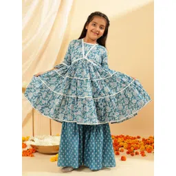 Sangria Girls Ethnic Motifs Printed Pure Cotton Anarkali Kurta With Sharara-picture-28