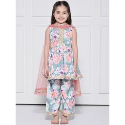 Sangria Girls Floral Printed Pleated Pure Cotton Kurta with Palazzos And Dupatta-picture-25