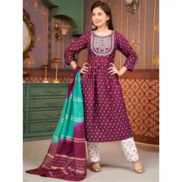 Sangria Girls Floral Printed Pleated Round Neck Sequinned A-Line Kurta Trousers & Dupatta-picture-58