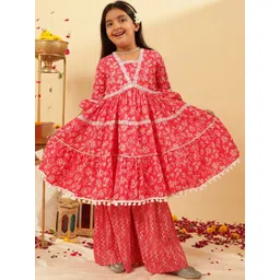 Sangria Girls Floral Printed Pure Cotton Anarkali Kurta With Sharara-picture-29