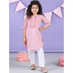 Sangria Girls Floral Printed Pure Cotton Round Neck Kurta & Trousers Set-picture-27