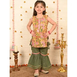 Sangria Girls Floral Printed Pure Cotton Round Neck Kurta With Sharara-picture-17