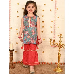 Sangria Girls Floral Printed Pure Cotton Round Neck Kurta With Sharara-picture-14