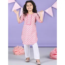 Sangria Girls Floral Printed Pure Cotton Round Neck Kurta With Trousers-picture-10