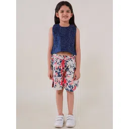 Sangria Girls Floral Printed Pure Cotton Sleeveless Top With Shorts-picture-57