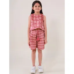 Sangria Girls Floral Printed Pure Cotton Sleeveless Top With Shorts-picture-26