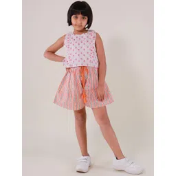 Sangria Girls Floral Printed Pure Cotton Sleeveless Top With Shorts-picture-36