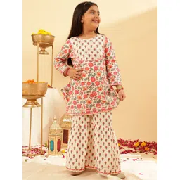 Sangria Girls Floral Printed Round Neck Straight Pure Cotton Kurta With Sharara-picture-22