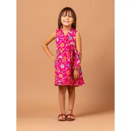 Sangria Girls Floral Printed V-Neck Wrap Pure Cotton Dress-picture-10