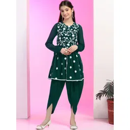 Sangria Girls Green Floral Embroidered Thread Work Georgette Kurta With Dhoti Pant-picture-32