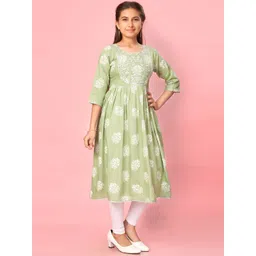 Sangria Girls Green Floral Printed Thread Work Round Neck Pure Cotton Anarkali Kurta-picture-33