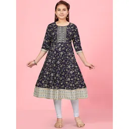 Sangria Girls Navy Blue Floral Printed Thread Work Round Neck Pure Cotton Anarkali Kurta-picture-34