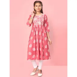Sangria Girls Pink Floral Printed Round Neck Thread Work Pure Cotton Kurta With Legging-picture-25