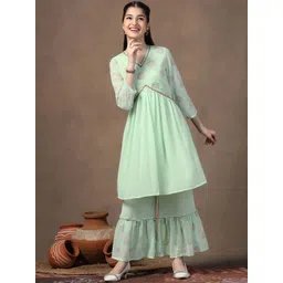 Sangria Girls Pista Floral Foil Printed Empire V-Neck Georgette A-Line Kurta And Sharara-picture-31