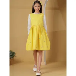 Sangria Girls Yellow Checked Casual Round Neck Cotton Long Sleeves A-Line Dresses-picture-37