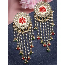 Sangria Gold-Plated Kundan Studded & Beaded Tasselled Floral Drop Earrings-picture-23