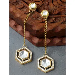 Sangria Gold-Plated Kundan Studded Hexagonal Drop Earrings-picture-20