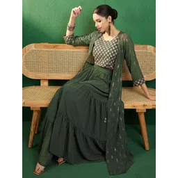 Sangria Green Embroidered Ethnic Top with Skirt & Shurg-picture-36