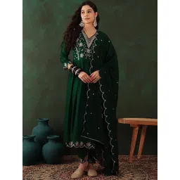 Sangria Green Floral Embroidered V Neck Anarkali Kurta With Trouser & Dupatta-picture-14