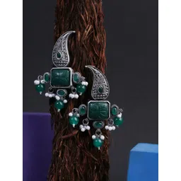 Sangria Green Silver-Plated Stones Studded & Pearls Beaded Oxidised Drop Earrings-picture-33